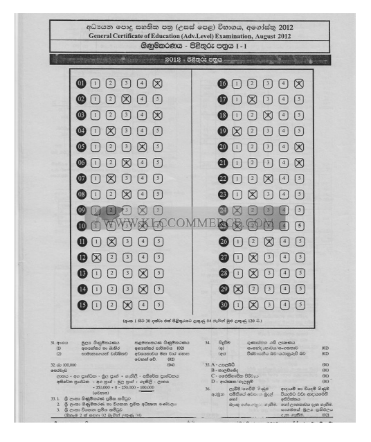 Official G.C.E. 2012 A/L Accounting Answer Sheet Sinhala Medium PDF