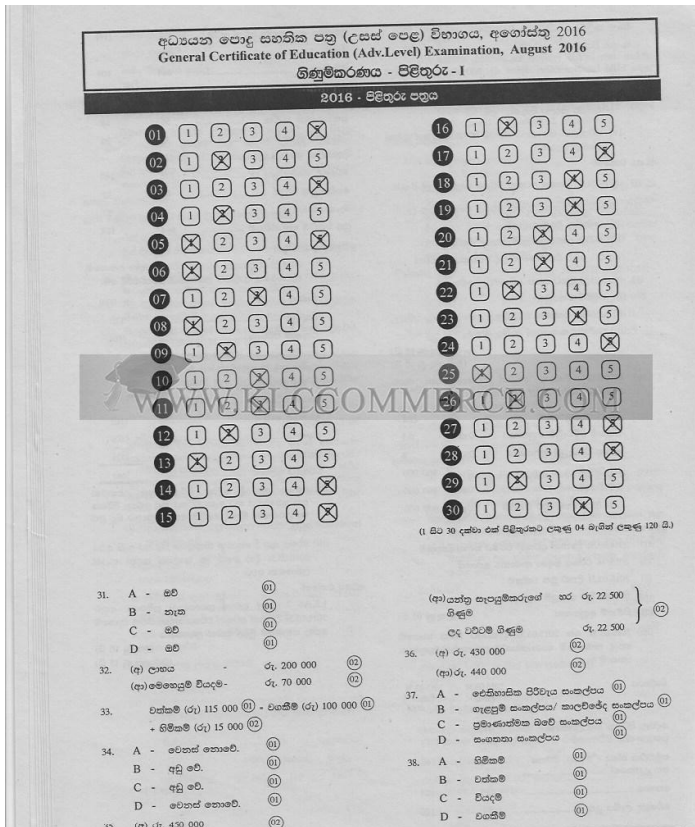 Official G.C.E. 2016 A/L Accounting Answer Sheet Sinhala Medium PDF