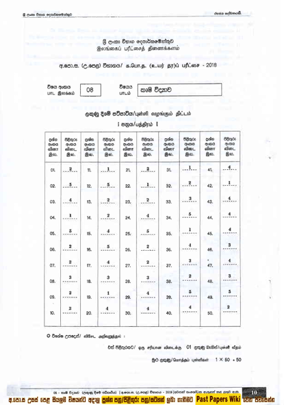 Official G.C.E. 2018 A/L Agricultural Science Answer Sheet Sinhala Medium PDF