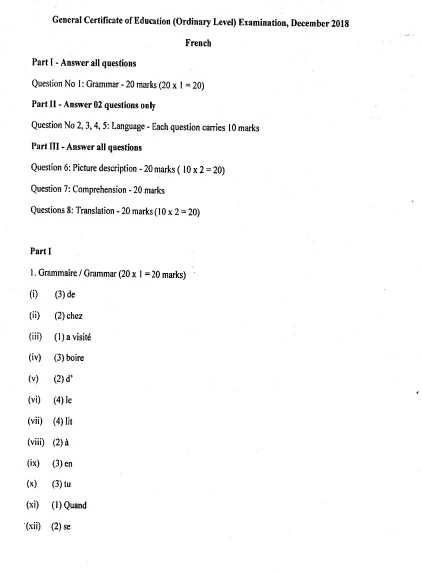 2018 O/L French Marking Scheme