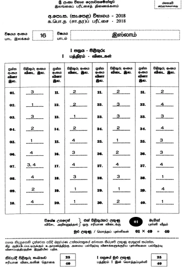 2018 O/L Islam Marking Scheme | Tamil Medium