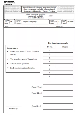 Grade 11 English Past Paper 2020 (3rd Term Test) | Western Province