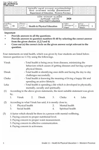 Grade 11 Health & Physical Education Past Paper 2020 (3rd Term Test) | Western Province