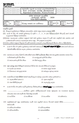 Grade 11 Sinhala Language Past Paper 2020 (3rd Term Test) | Western Province