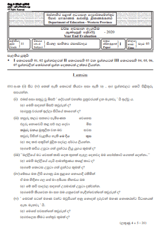 Grade 11 Sinhala Literature Past Paper 2020 (3rd Term Test) 