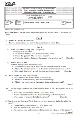 Grade 11 Appreciation of English Literary Texts Past Paper 2020 (3rd Term Test) | Western Province