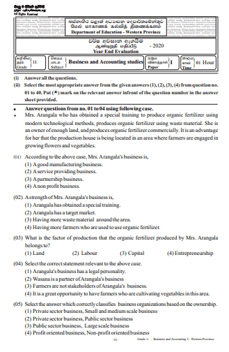 Grade 11 Business and Accounting studies Past Paper 2020 (3rd Term Test) | Western Province