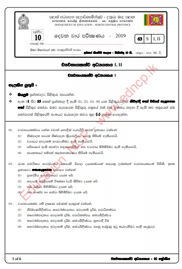 Grade 10 Entrepreneurship Studies Paper 2019 (2nd Term Test) | North Central Province