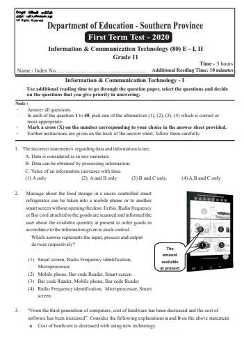 Grade 11 Information And Communication Technology Paper 2020 (1stTerm Test) | Southern Province