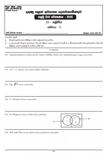 Grade 11 Mathematics Paper 2020 (1st Term Test) | Southern Province