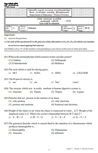 Grade 11 Science Past Paper 2020 (3rd Term Test) | Western Province