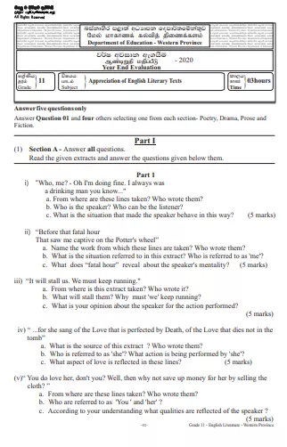 Grade 11 Appreciation of English Literary Past Paper 2020 (3rd Term Test) | Western Province