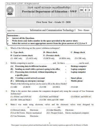 Grade 13 Information And Communication Technology 1st Term Test Paper 2020 | North Western Province