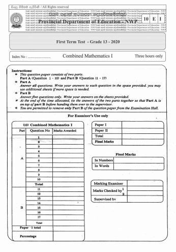Grade 13 Mathematics 1st Term Test Paper 2020 | North Western Province