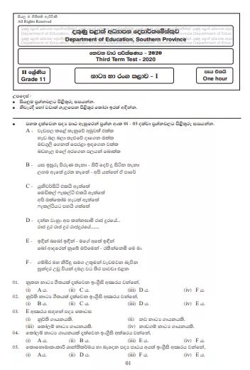 Grade 11 Drama Paper 2020 (3rd Term Test) | Southern Province