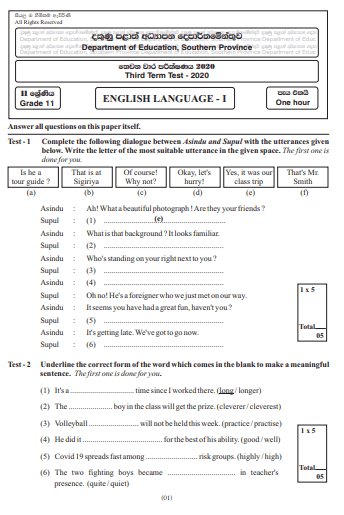 Grade 11 English Paper 2020 (3rd Term Test) | Southern Province