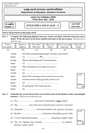 Grade 11 English Paper 2020 (3rd Term Test) | Southern Province