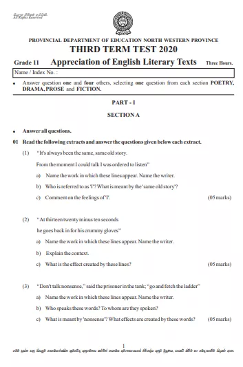 Grade 11 English Literature Paper 2020 (3rd Term Test) | North Western Province