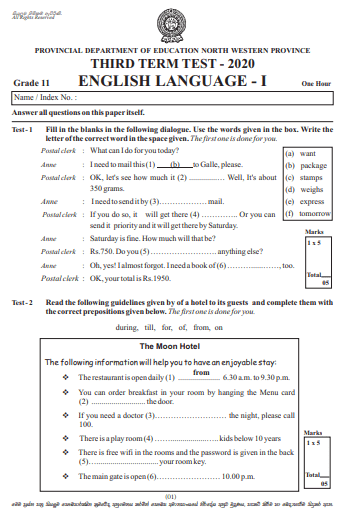 Grade 11 English Paper 2020 (3rd Term Test) | North Western  Province
