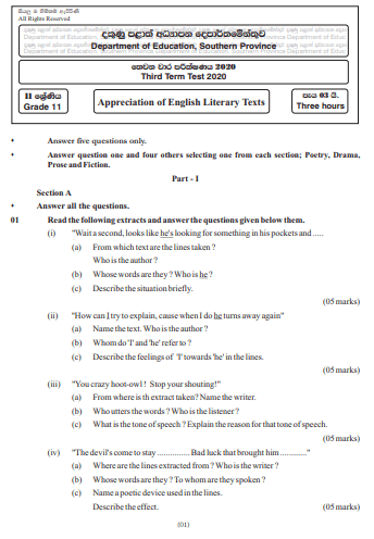 Grade 11 English Literature Paper 2020 (3rd Term Test) | Southern Province