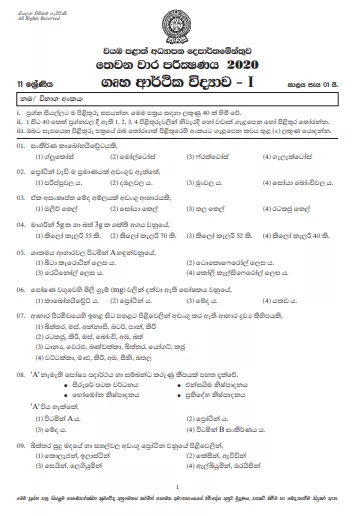 Grade 11 Home Science Paper 2020 (3rd Term Test) | North Western Province