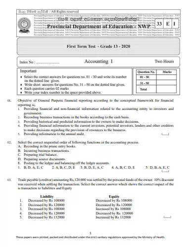 Grade 13 Accounting Past Paper 2020 (1st Term Test) | North Western Province