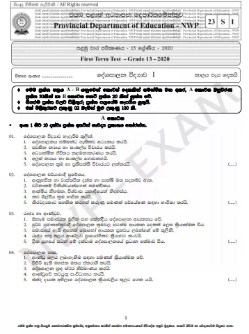 Grade 13 Political Science 1st Term Test Paper 2020 | North Western Province