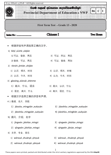 Grade 13 Chinese 1st Term Test Paper 2020 | North Western Province