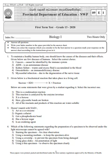 Grade 13 Biology 1st Term Test Paper 2020 | North Western Province