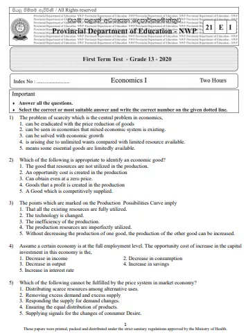 Grade 13 Economics 1st Term Test Paper 2020 | North Western Province