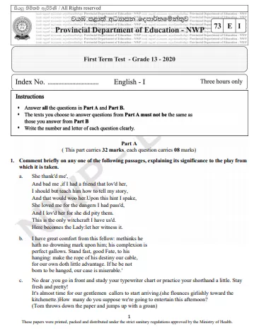 Grade 13 English 1st Term Test Paper 2020 | North Western Province