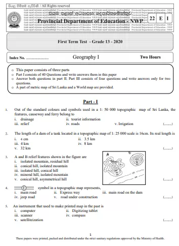 Grade 13 Geography 1st Term Test Paper 2020 | North Western Province