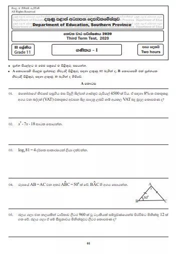 Grade 11 Mathematics Paper 2020 (3rd Term Test) | Southern Province