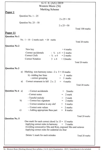 2019 O/L Music - Western Marking Scheme | English Medium