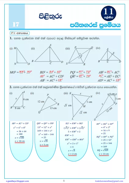 PYTHAGORUS THEOREM (Pythagorus Prameya) | Grade 11 Maths Textbook Answers