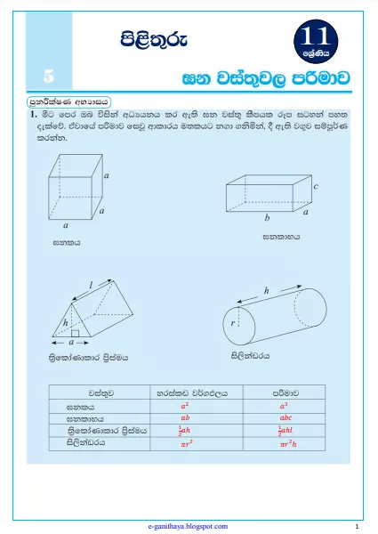 VOLUME OF THE SOLIDS (Ganawasthuwala Parimawa) | Grade 11 Maths Textbook Answers