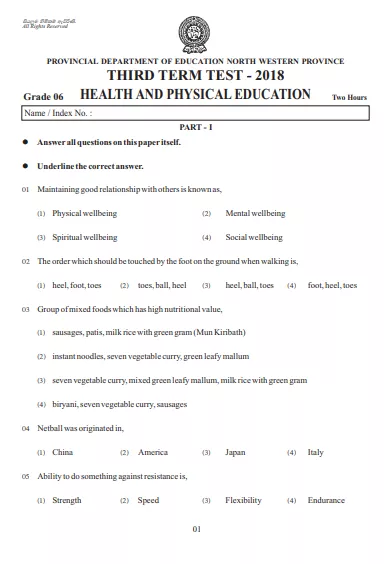 Grade 06 Health 3rd Term Test Paper 2018 English Medium – North Western Province