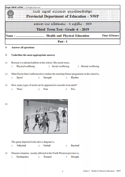 Grade 06 Health 3rd Term Test Paper 2019 English Medium – North Western Province