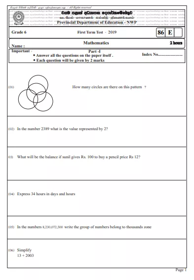 Grade 06 Mathematics 1st Term Test Paper 2019 English Medium – North Western Province