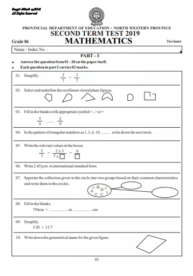 Grade 06 Mathematics 2nd Term Test Paper 2019 English Medium – North Western Province