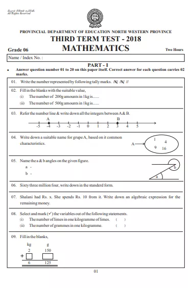 Grade 06 Mathematics 3rd Term Test Paper 2018 English Medium – North Western Province