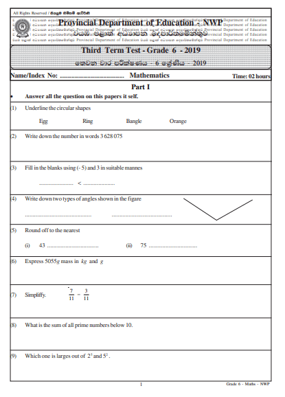 Grade 06 Mathematics 3rd Term Test Paper 2019 English Medium North Western Province 1955