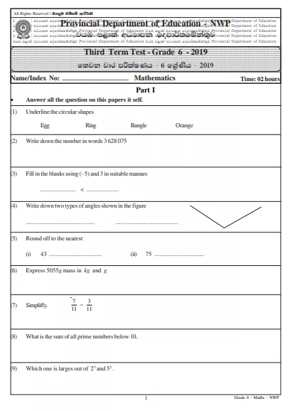 Grade 06 Mathematics 3rd Term Test Paper 2019 English Medium – North Western Province