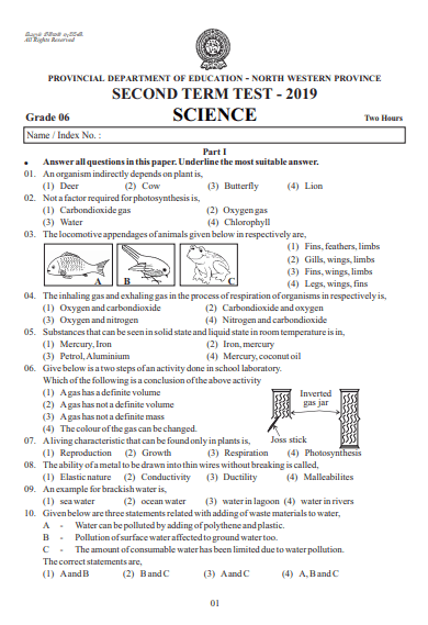 Grade 06 Science 2nd Term Test Paper 2019 English Medium – North Western Province