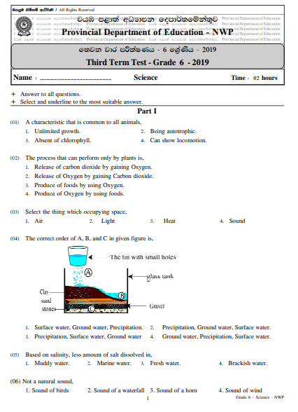 grade 6 english medium science papers