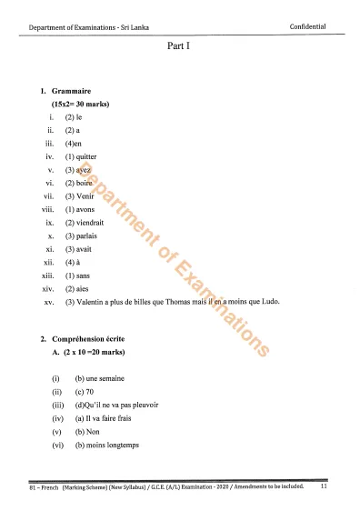 2020 A/L French Marking Scheme – English Medium