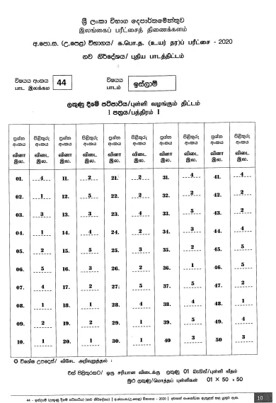 2020 A/L Islam Marking Scheme – Sinhala Medium