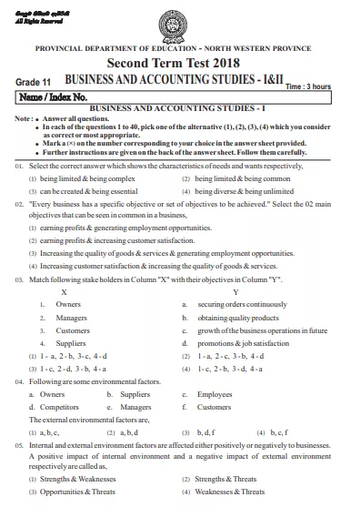 Grade 10 Business and Accounting Studies 2nd Term Test Paper 2018 English Medium – North Western Province