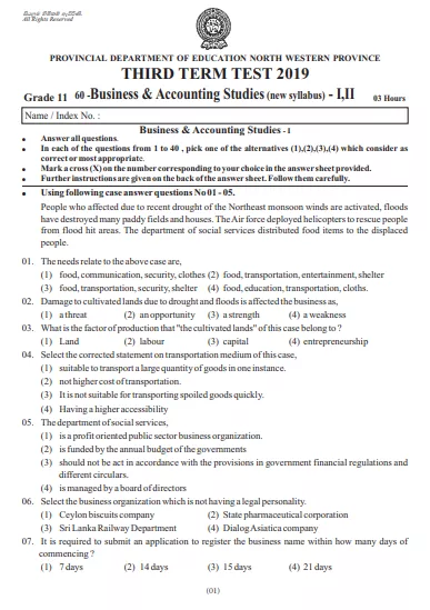 Grade 10 Business and Accounting Studies 3rd Term Test Paper 2019 English Medium – North Western Province