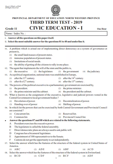 Grade 11 Civic Education 3rd Term Test Paper 2019 English Medium – North Western Province